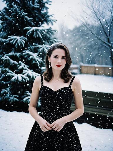 Woman in Black Christmas Party Dress Outdoor Snowy Portrait