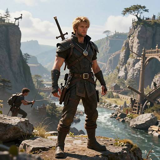 Blond Man in Medieval Armor Standing on a Cliff in Fantasy Landscape