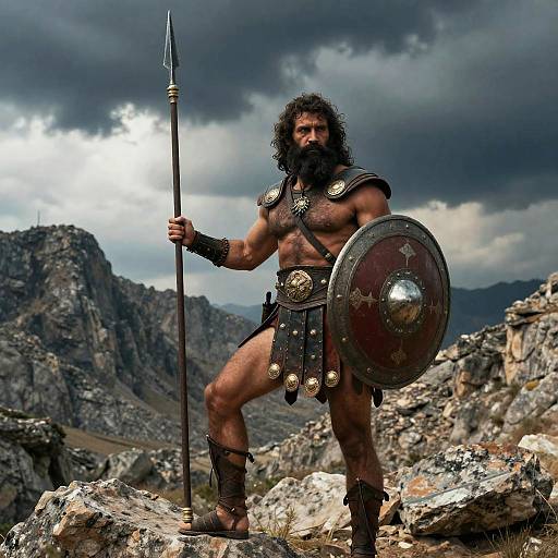 Ancient Warrior Man in Traditional Armor with Spear and Shield on Rocky Landscape