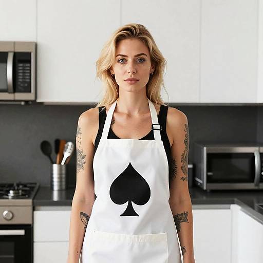 Blonde Woman in Modern Kitchen Wearing Spade Apron