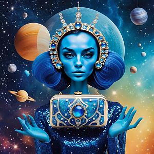Futuristic Woman with Blue Skin in Cosmic Background