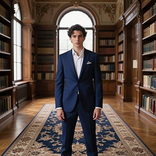 Young Man in Navy Blue Suit Standing in Elegant Library
