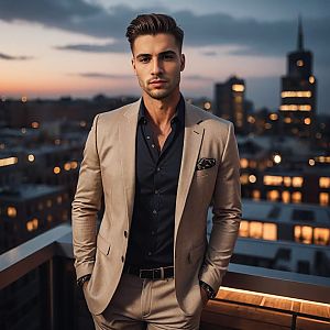 Confident man in beige suit on balcony at dusk