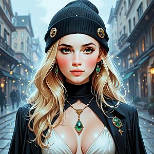 Young Woman with Blonde Hair and Green Eyes in Beanie