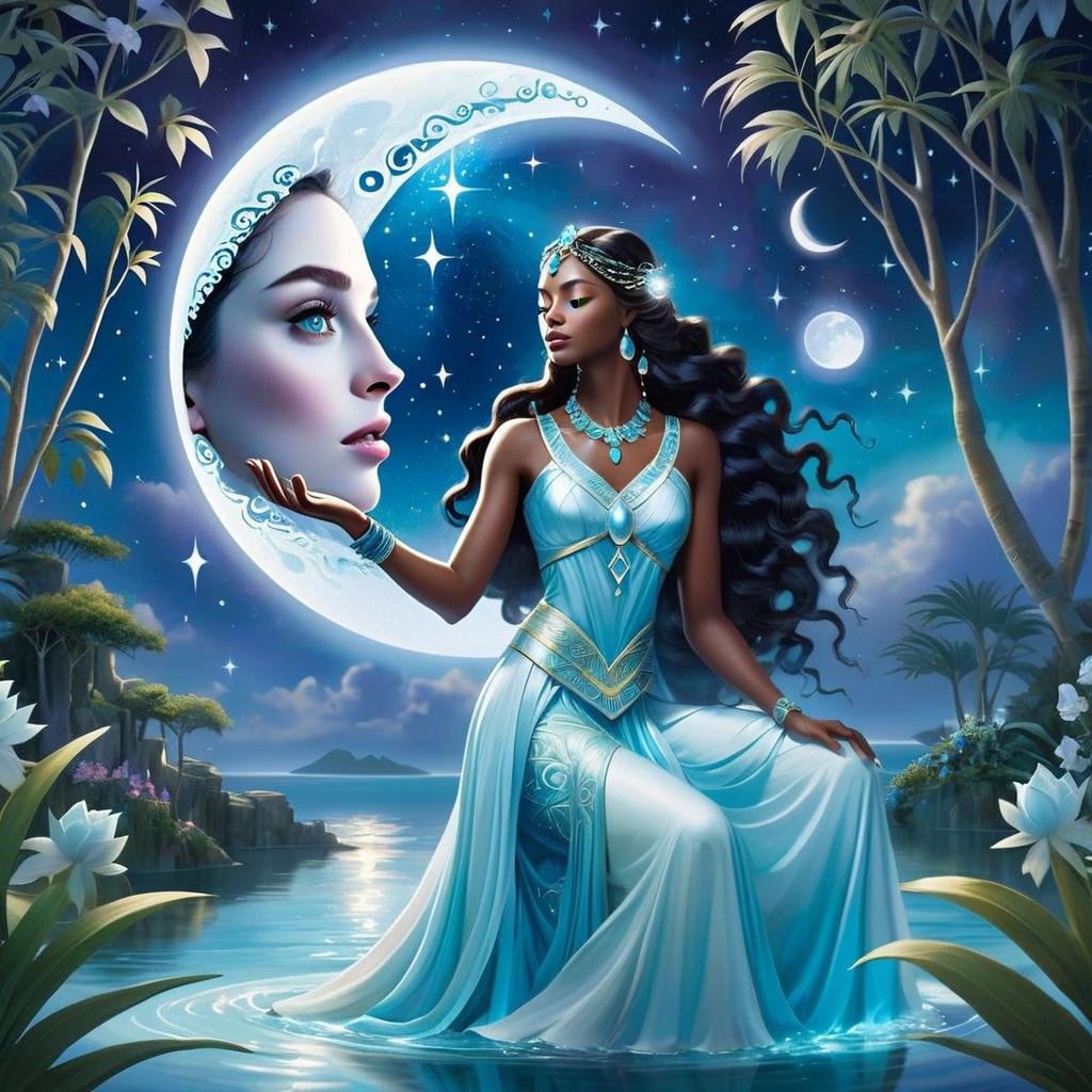 Elegant Woman in Blue Gown by Moonlit Water Elegant Woman in Blue Gown by Moonlit Water