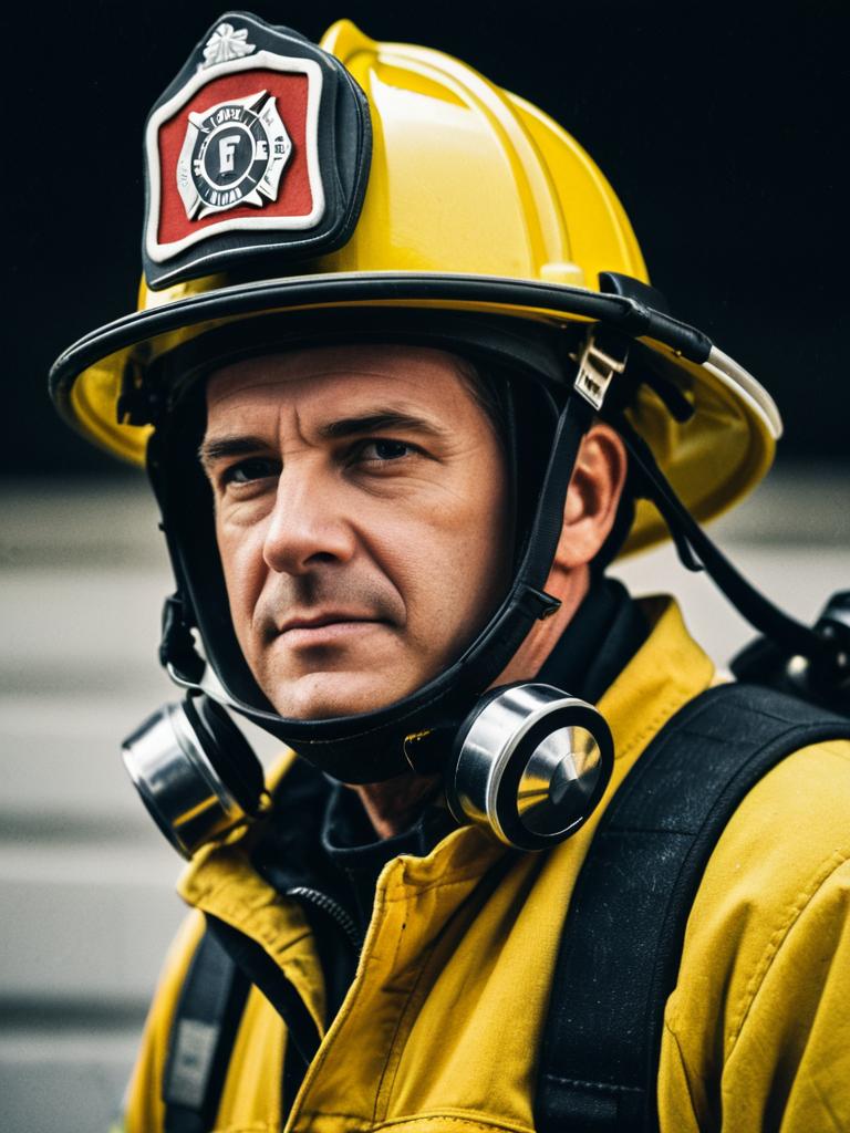 Man in Firefighter Costume Close-Up Portrait with Helmet Detail