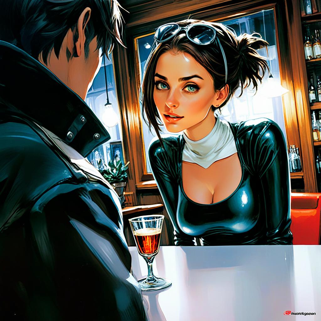 Digital Art of Woman and Man Conversing at Bar with Modern Graphic Novel Style