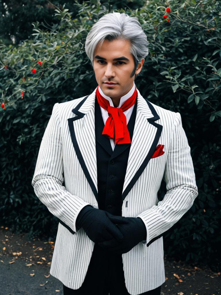 Antonio Salieri Inspired Man in White Pinstripe Suit with Red Accents