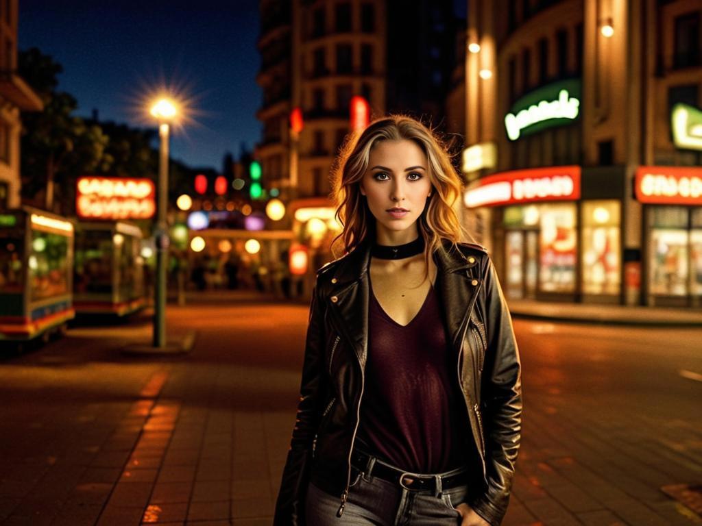 Confident Woman in Stylish Leather Jacket on Neon-lit City Street