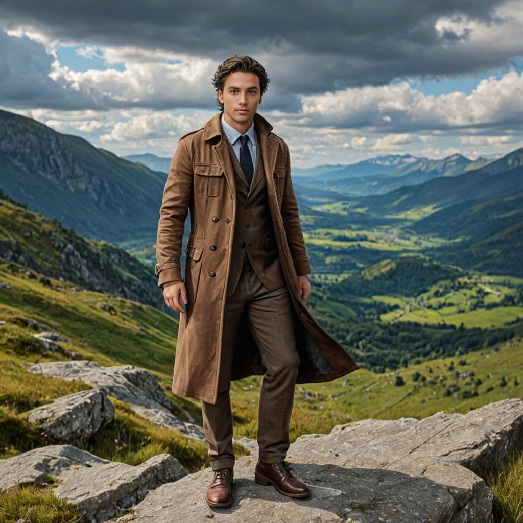 Man in Brown Coat Against Mountain Landscape