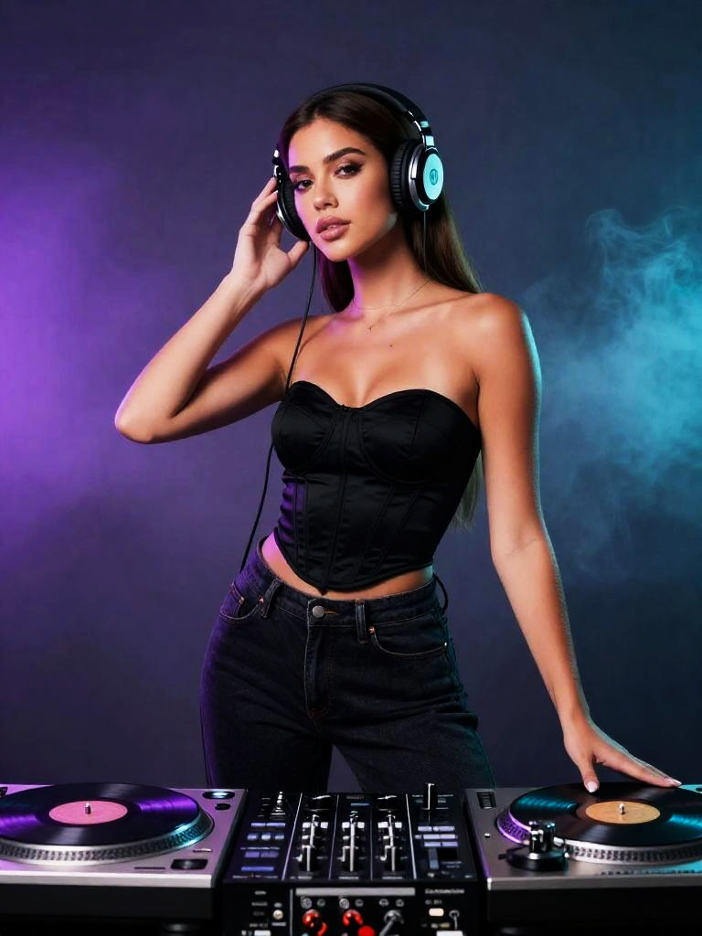 Gen Z Woman DJ with Turntables and Headphones in Colorful Studio