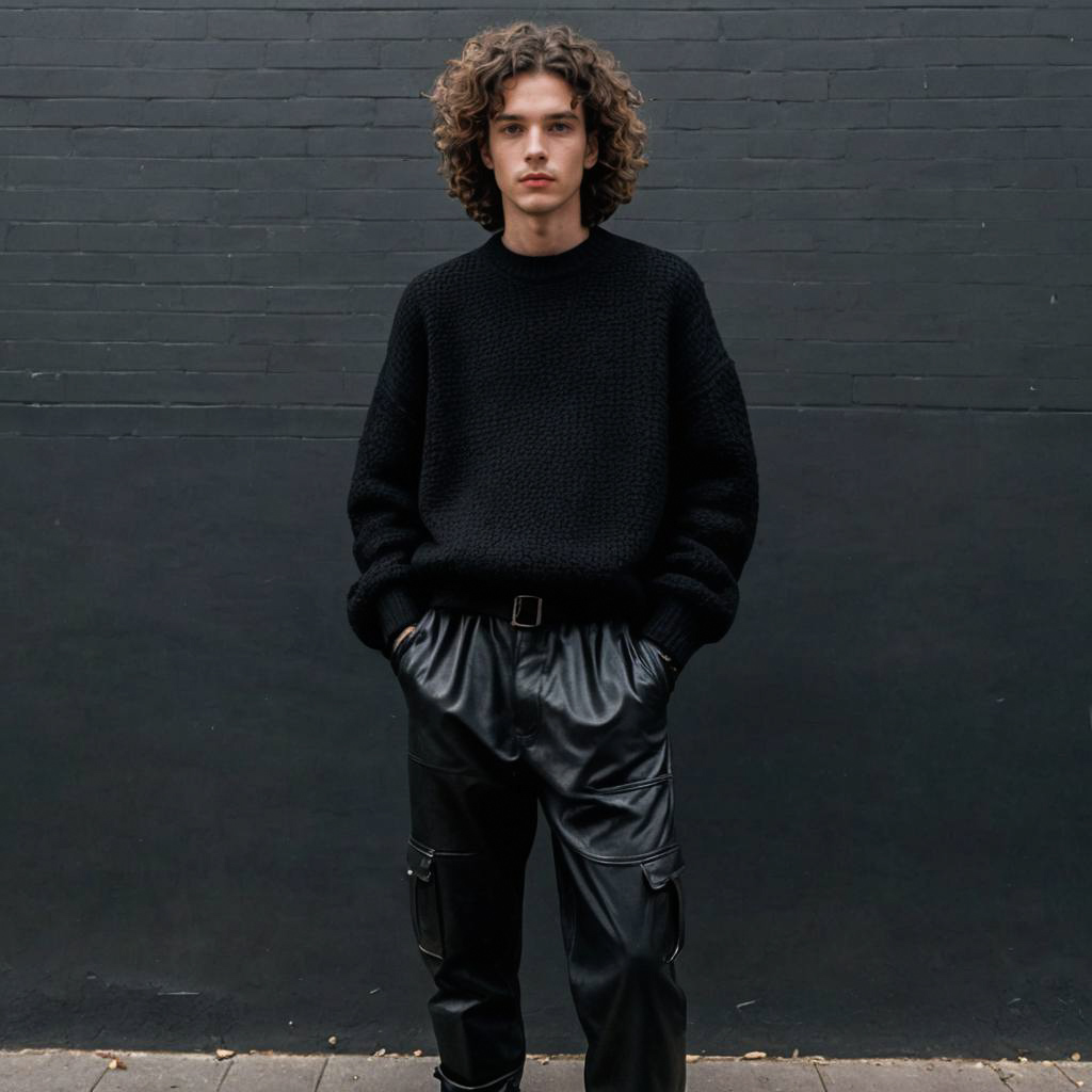 Stylish Young Man in Black Sweater and Leather Pants