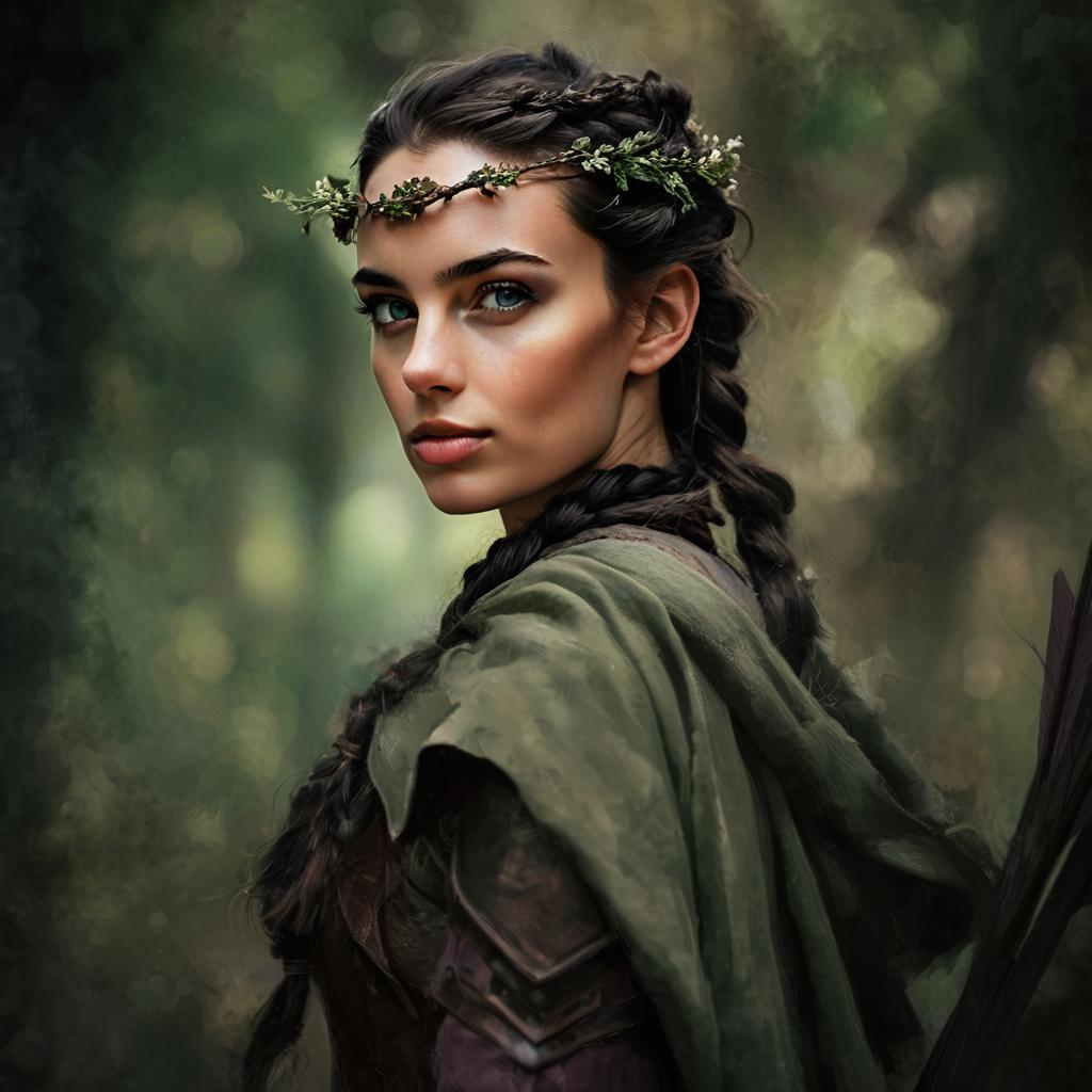 Medieval Fantasy Woman with Braided Hair and Floral Crown in Forest