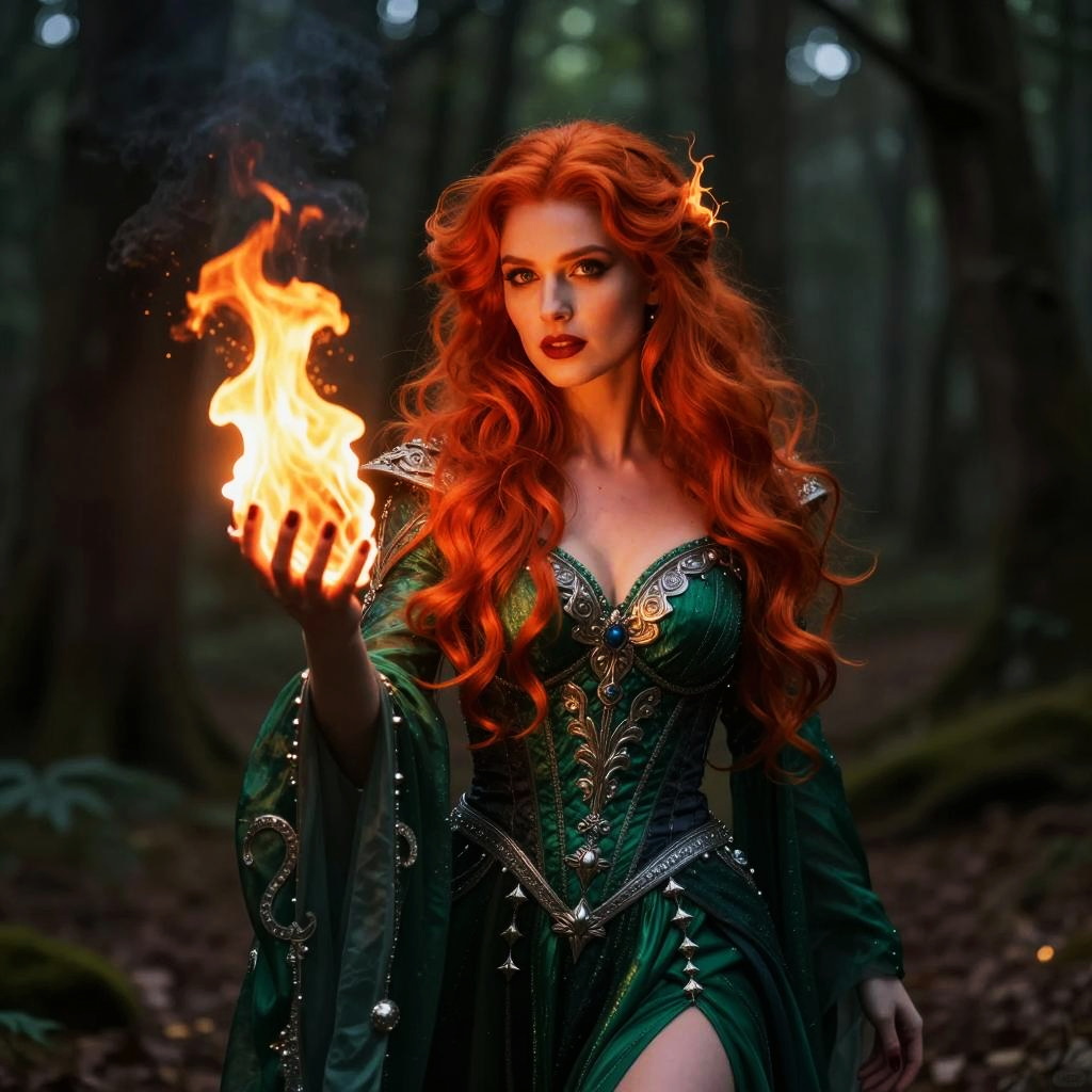 Fantasy Woman in Green Dress Holding Fire in Enchanted Forest
