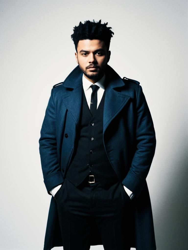 Photorealistic Studio Portrait of Man in The Weeknd Costume with Soft Shadow