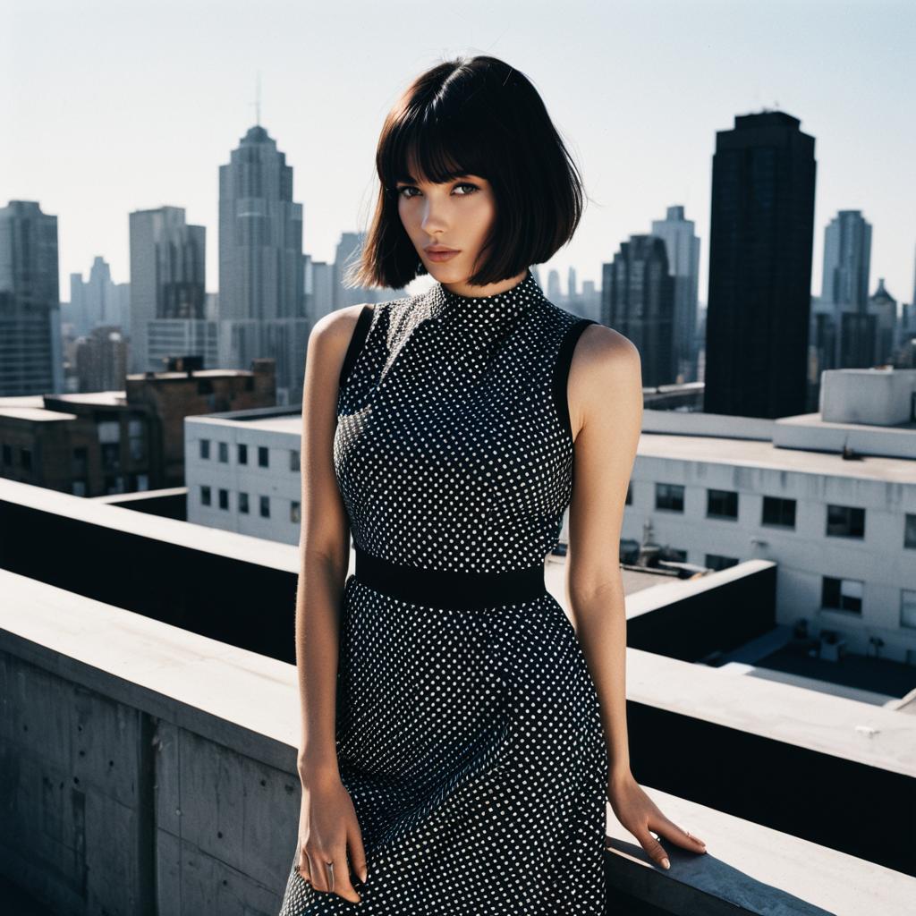 Fashionable Woman in Polka Dot Dress on Urban Rooftop