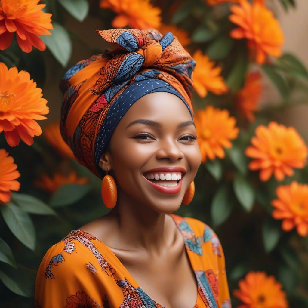 Radiant Woman in Vibrant Headwrap Surrounded by Flowers Radiant Woman in Vibrant Headwrap Surrounded by Flowers