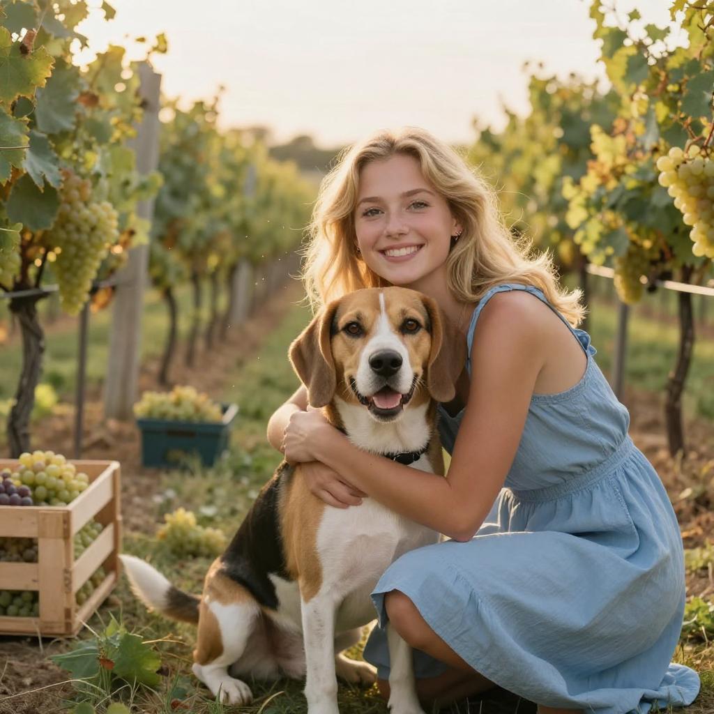 Young Woman Hugging Dog in Vineyard with Grapes at Sunset