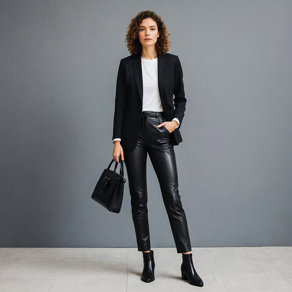 Stylish Woman in Black Blazer and Leather Pants