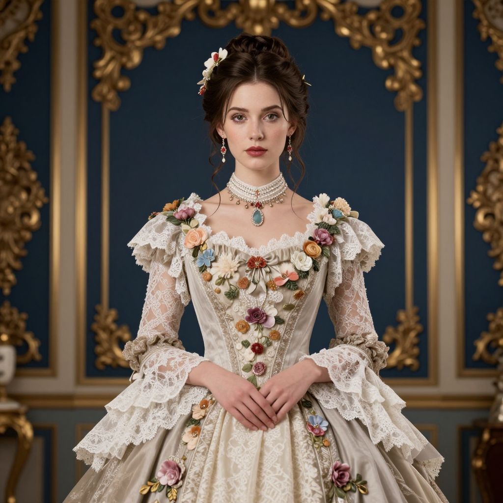 Victorian Woman in Elegant Floral Embellished Lace Gown Vintage Style