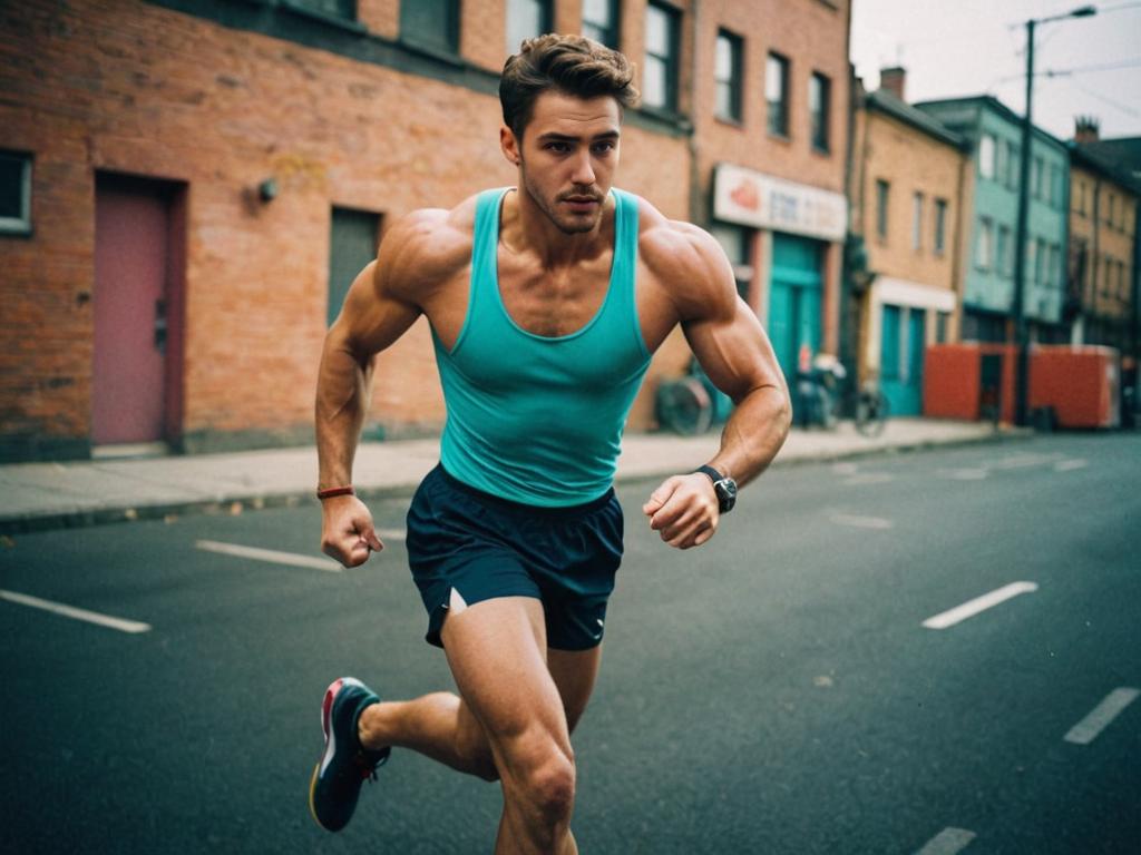 Athletic man running on urban street