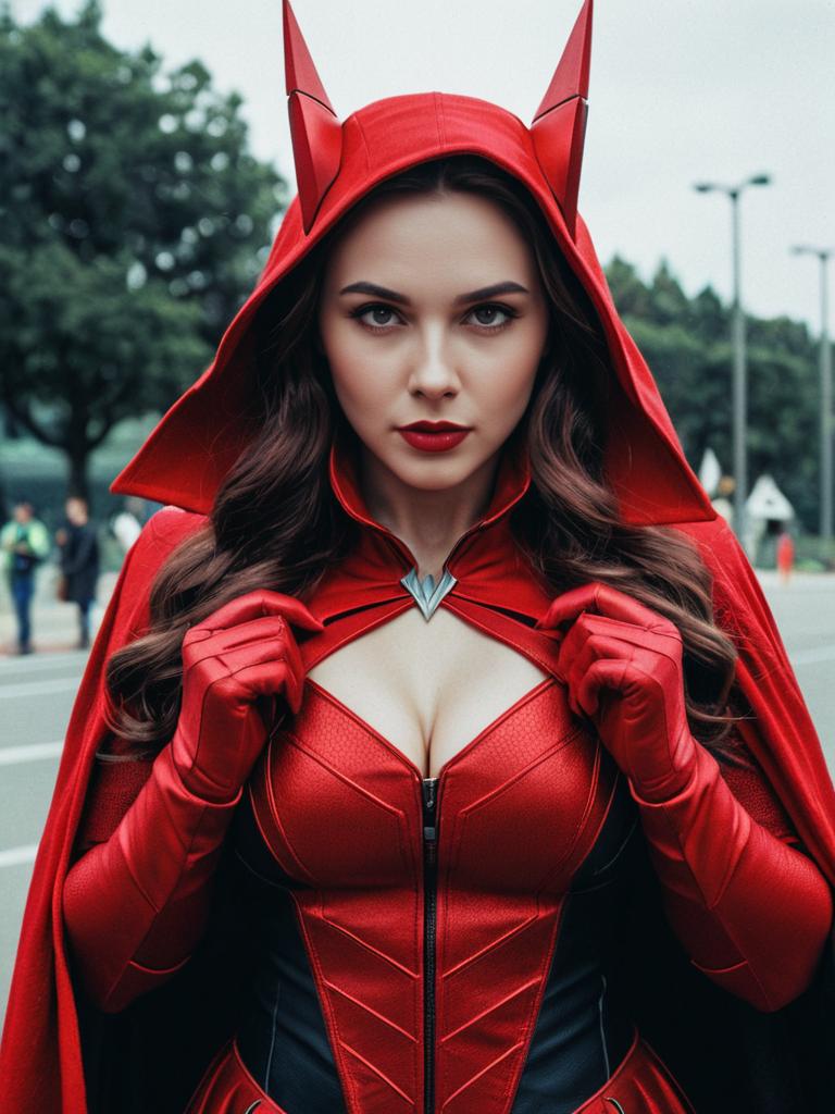 Woman in Scarlet Witch Detailed Editorial Cosplay Costume