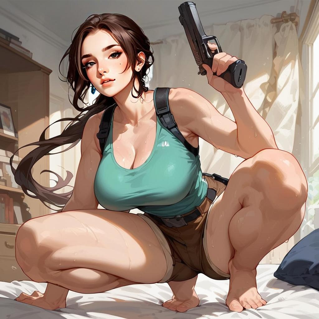 Anime Style Illustration of Confident Woman with Handgun on Bed