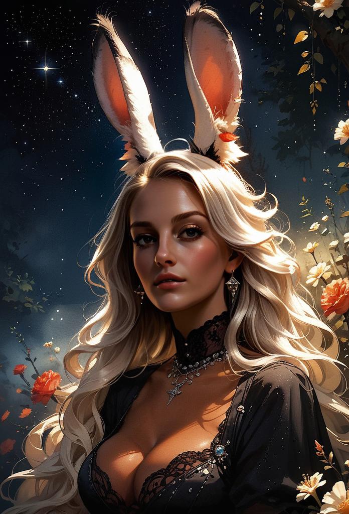 Fantasy Portrait of Blonde Woman with Rabbit Ears and Lace Outfit Under Starry Night