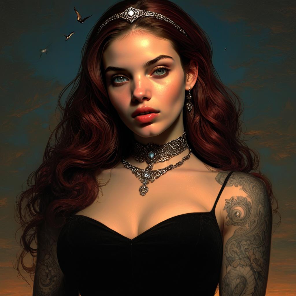 Portrait of Woman with Jewels, Tattoos, and Fantasy Style Background