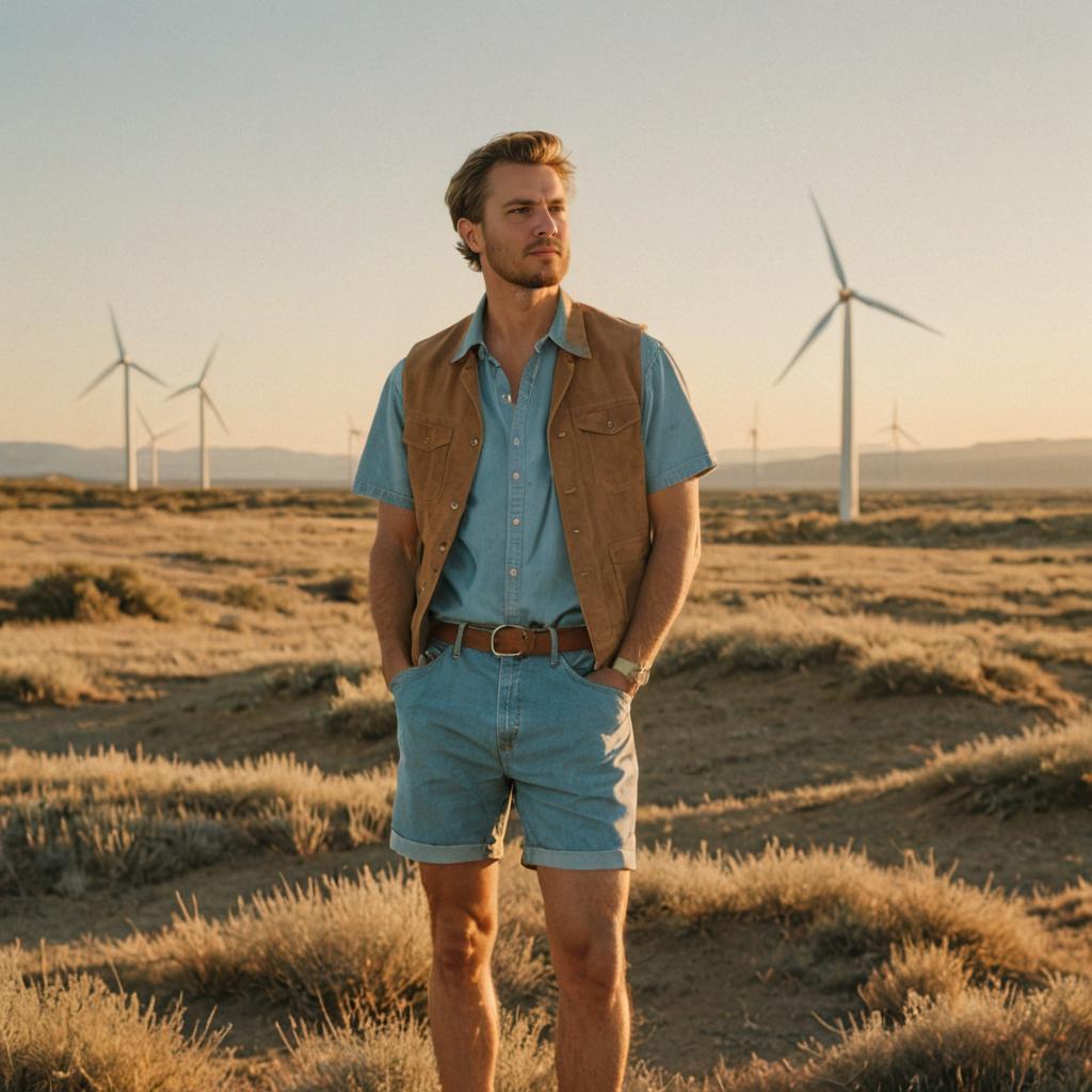 Confident Man in Denim Outfit Among Wind Turbines at Sunset