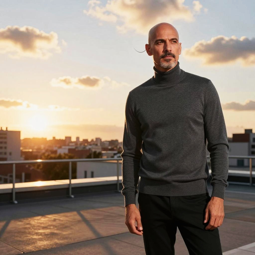 Mature Man in Dark Turtleneck Sweater on Rooftop at Sunset