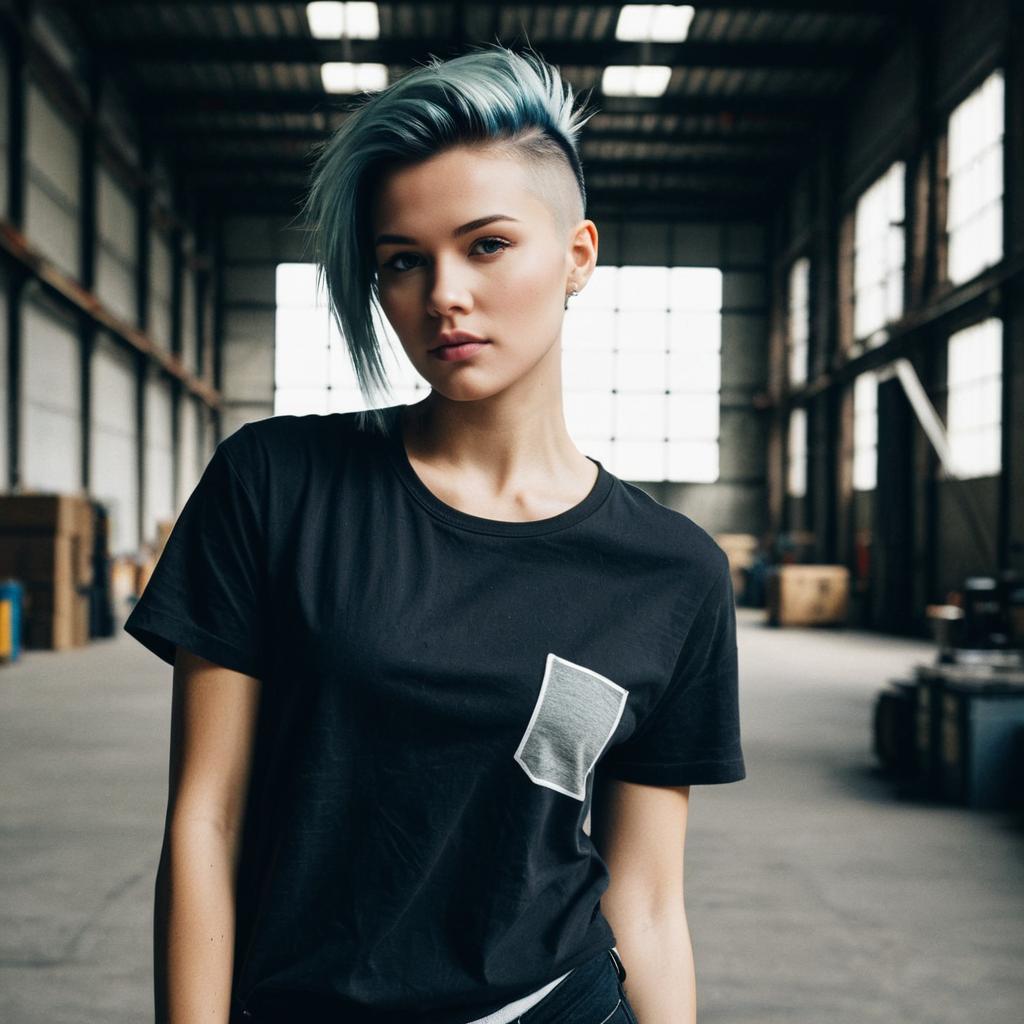 Young Woman with Blue Undercut Hairstyle in Industrial Warehouse