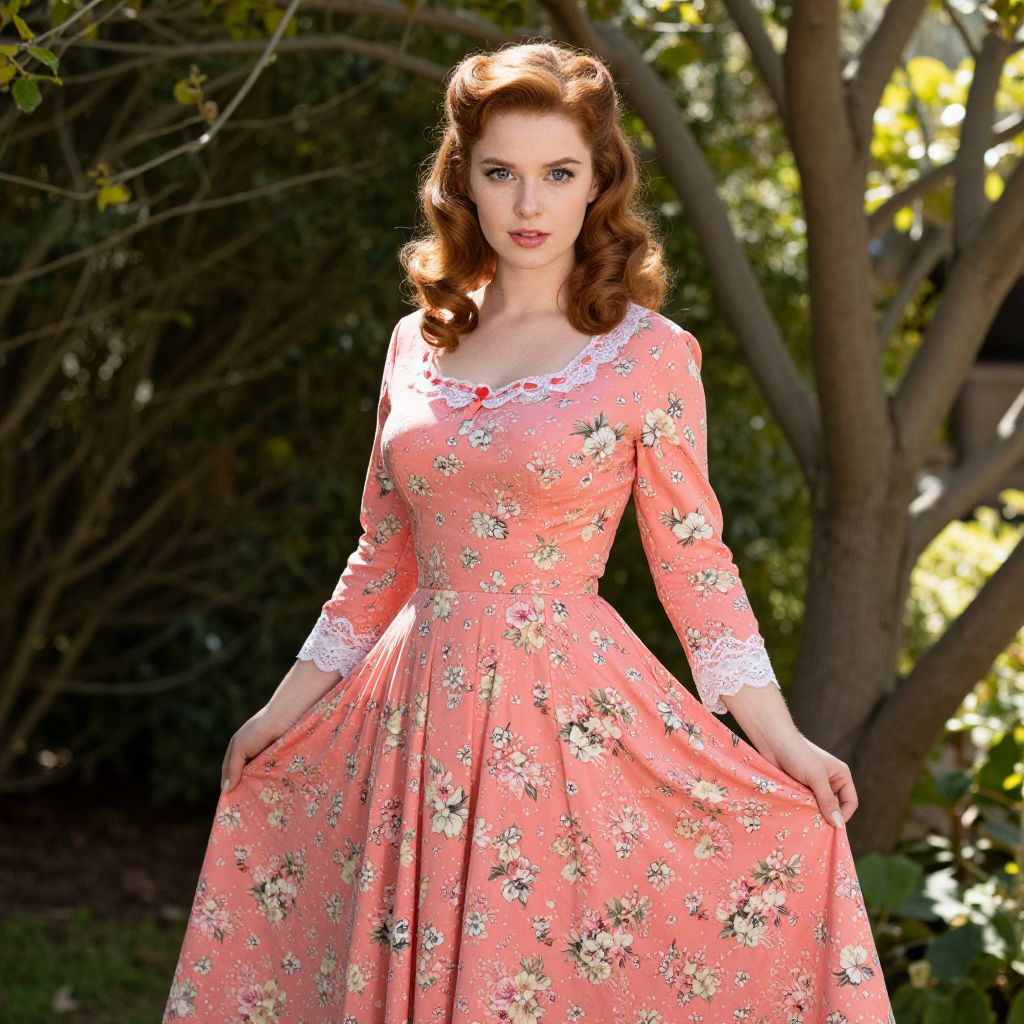 Vintage 1950s Floral Peach Dress Woman Outdoor Portrait