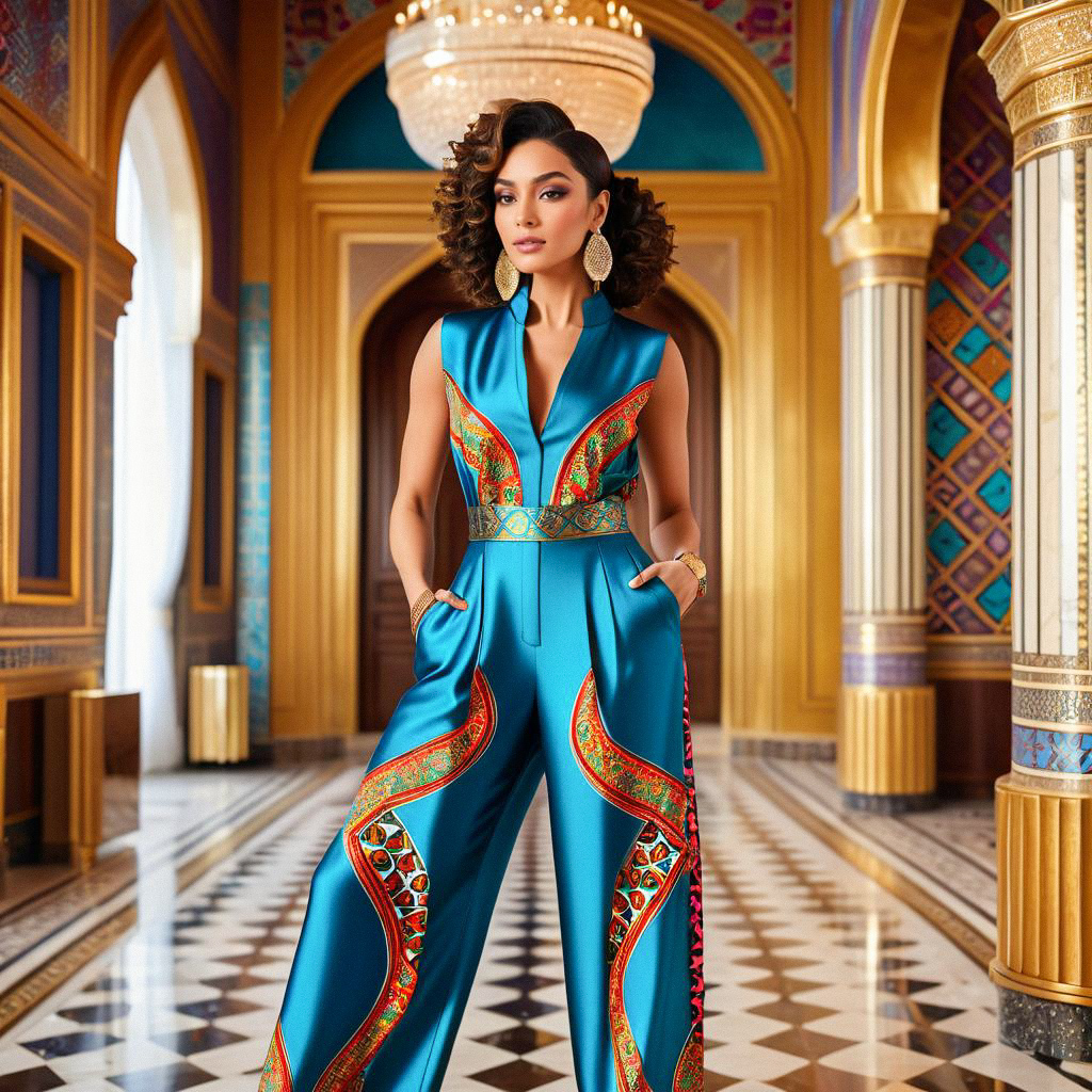 Elegant Woman in Blue Jumpsuit Against Opulent Backdrop