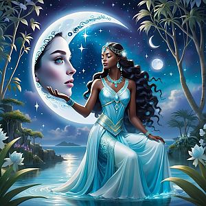 Elegant Woman in Blue Gown by Moonlit Water