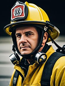 Man in Firefighter Costume Close-Up Portrait with Helmet Detail