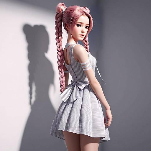 3D Anime Style Woman with Pink Braided Hair in Striped Dress