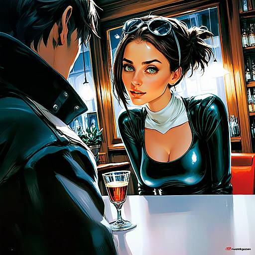 Digital Art of Woman and Man Conversing at Bar with Modern Graphic Novel Style