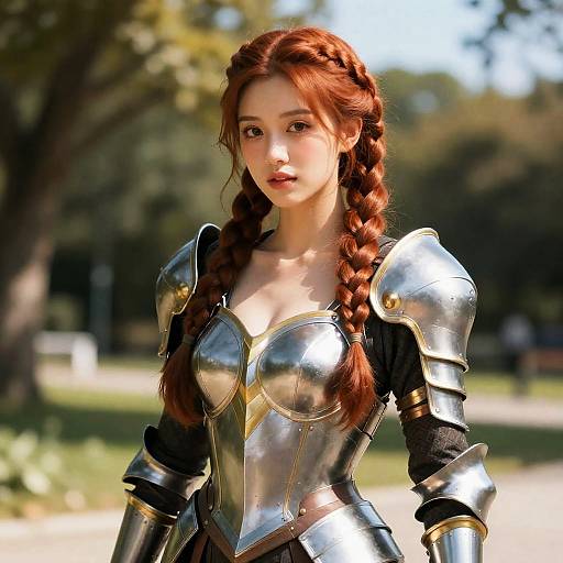 Young Woman in Medieval Armor with Braided Red Hair