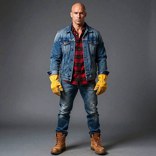 Man in Denim Jacket and Yellow Work Gloves Standing Confidently
