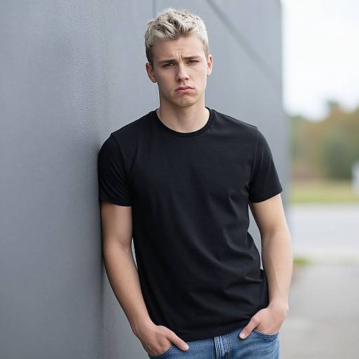 Young Man in Black T-Shirt Leaning on Gray Wall Outdoors
