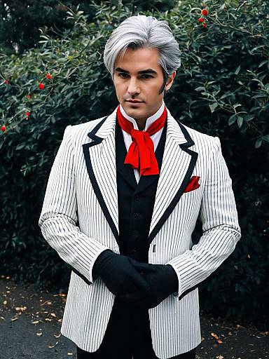 Antonio Salieri Inspired Man in White Pinstripe Suit with Red Accents