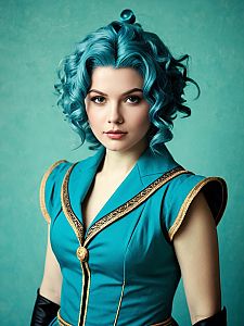 Realistic Neptune Vasilias Cosplay Woman with Teal Hair and Ornate Costume