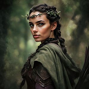 Medieval Fantasy Woman with Braided Hair and Floral Crown in Forest