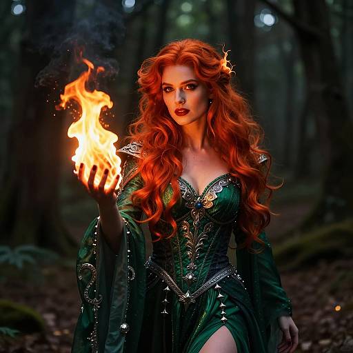 Fantasy Woman in Green Dress Holding Fire in Enchanted Forest