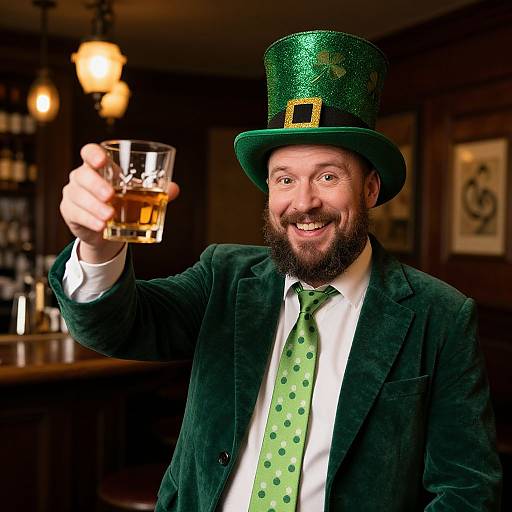 Man Celebrating St. Patrick's Day in Green Outfit with Whiskey in Pub