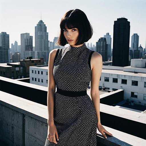 Fashionable Woman in Polka Dot Dress on Urban Rooftop