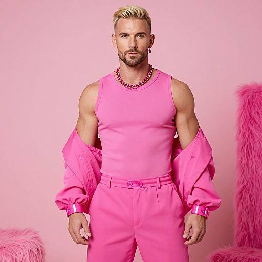 Fashionable Man in Bold Monochromatic Pink Outfit with Accessories