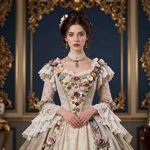 Victorian Woman in Elegant Floral Embellished Lace Gown Vintage Style