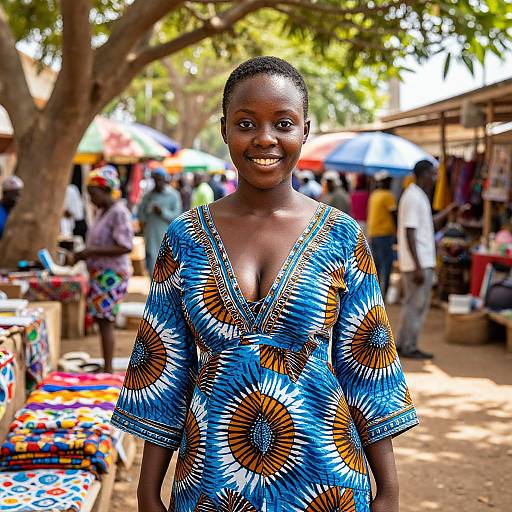 Smiling Woman in Traditional African Dress at Vibrant Market